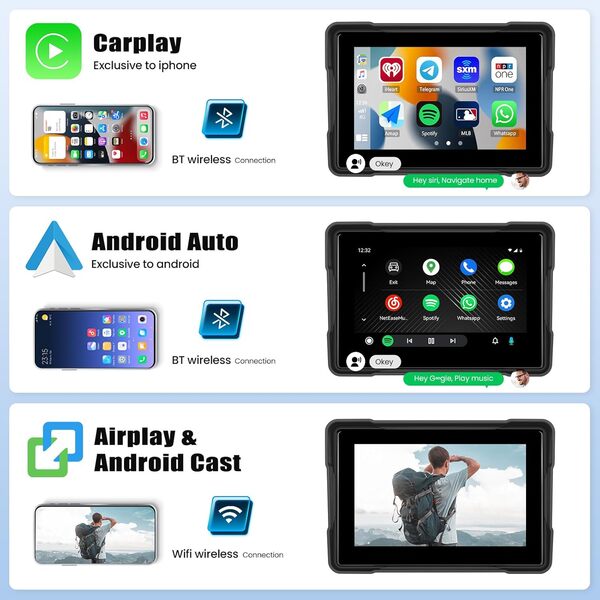 Écran Portable sans Fil Carplay et Android Auto pour Moto, Navigation GPS pour Motos, écran Tactile de 5 Pouces avec Bluetooth, Stéréo étanche IP67 pour Motos carplay