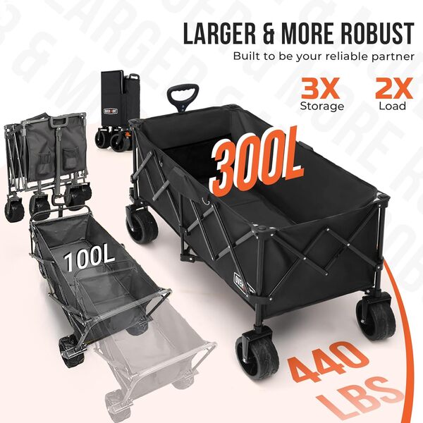 Overmont de Festival Pliable Extra Large de 300 L – Roues Larges et Freins – Robuste jusqu'à 200 kg – avec poignée réglable et Sac de Housse – pour Plage, Camping, Jardin, Noir