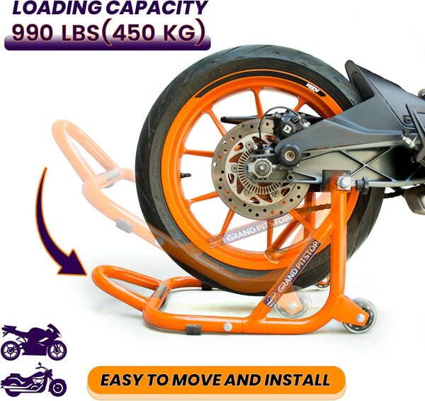 GRAND PITSTOP Motorcycle Stand, Paddock Lift Stand for Rear Wheel with Fork & Swingarm Spool,Weight capicity 990Lbs & 450 Kgs, Dismantable Stand, for Yamaha Honda Kawasaki Suzuki Motorcycles, Orange