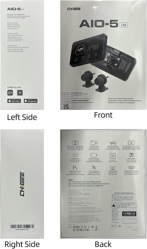 CHIGEE AIO-5 Lite Système de Navigation GPS Automatique pour Moto Carplay, BSD, STARVIS HDR 5 Pouces LCD, 60 FPS, 5G Wi-FI BT, IP67 étanche, Mode de stationnement 24H, Application