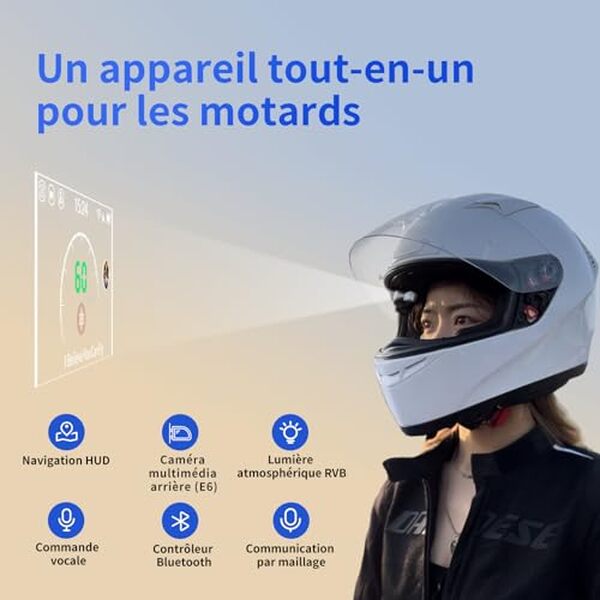 Découvrez l'innovation du casque MOTOEYE E6 HUD : un concentré de technologie adapté à tous les casques pour une expérience de conduite optimisée.
