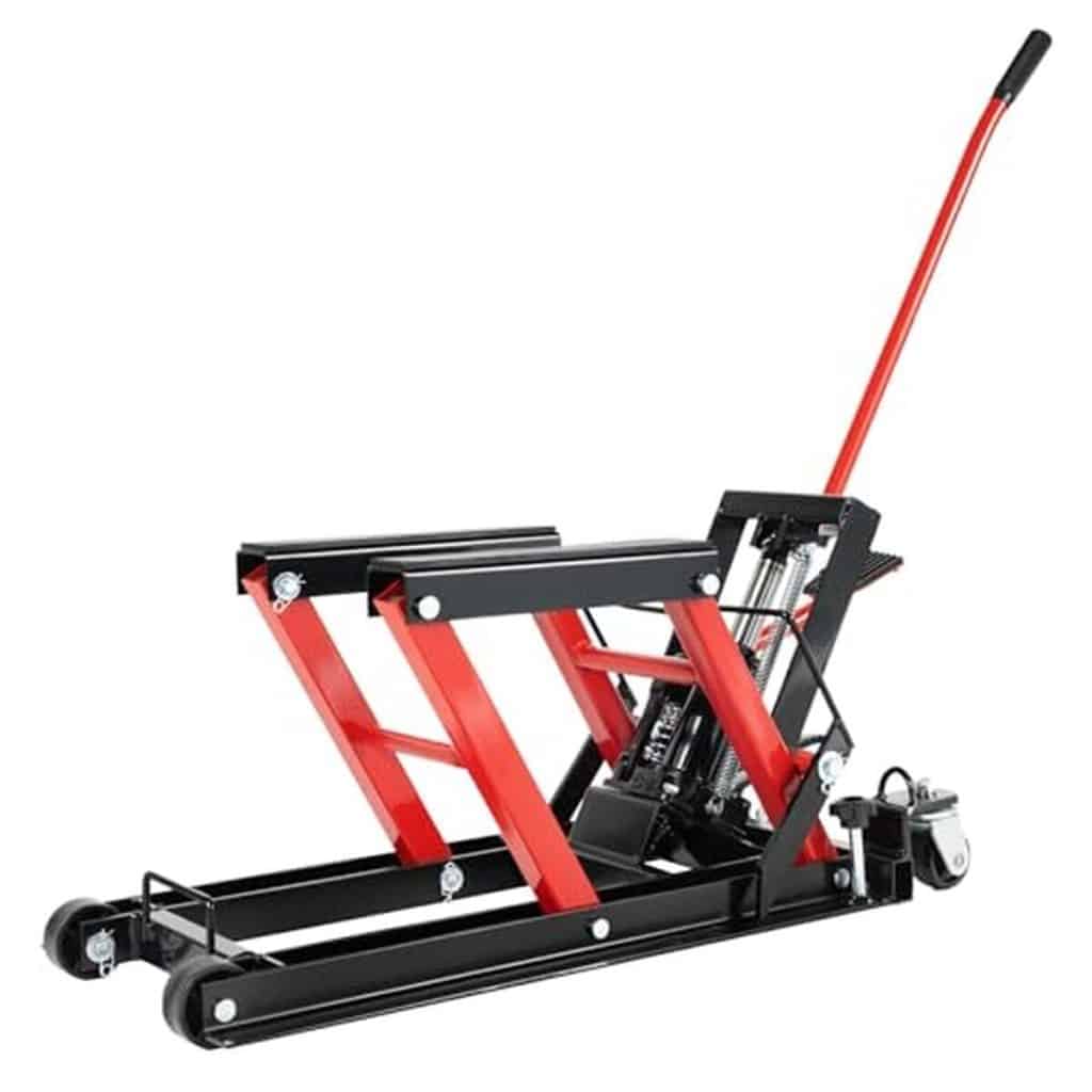 Test : cric moto hydraulique Minus One 680 kg en rouge