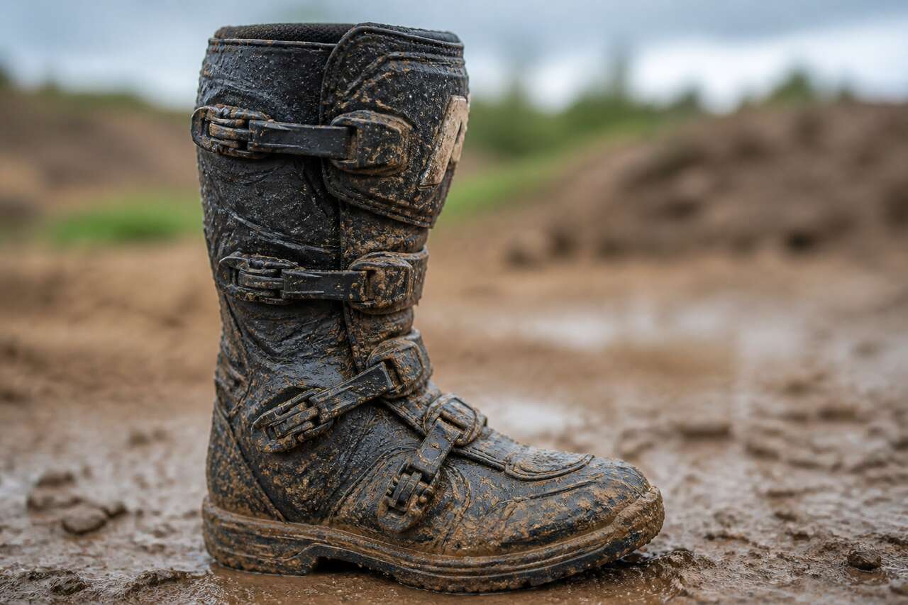 Cas terrain: nettoyer une botte de moto cross après boue, sable et pluie Cas terrain: nettoyer une botte de moto cross après boue, sable et pluie